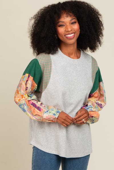 Easel Heather Grey Mixed Print Bubble Sleeve Top