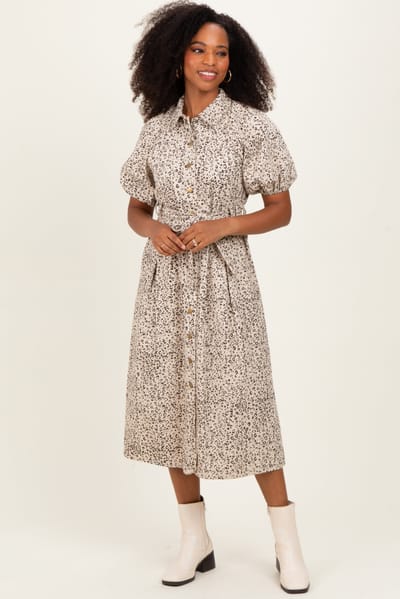 Polagram Cream Floral Button Front Waist Tie Midi Dress