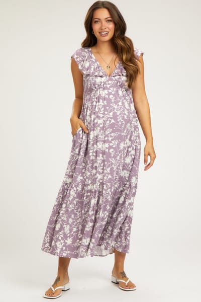 Listicle Lavender Floral Ruffle Maternity Midi Dress