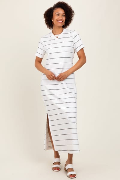 Rae Mode Ivory Striped Short Sleeve Side Slit Midi Dress