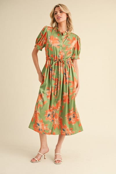 Jodifl Light Olive Floral Satin Button Down Midi Dress