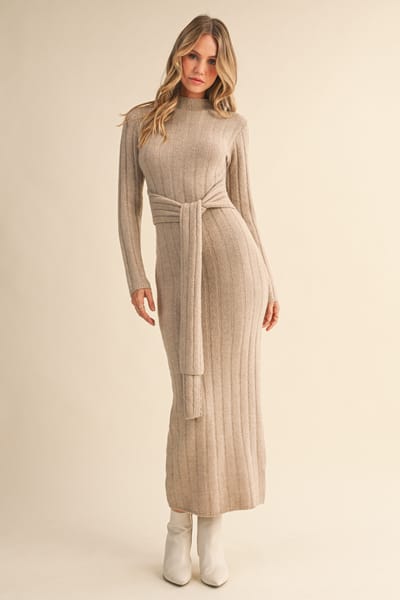 Klesis Beige Ribbed Front Tie Maxi Sweater Dress