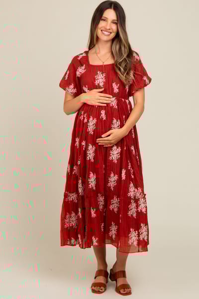 PinkBlush Rust Floral Print Ruffle Hem Maternity Midi Dress