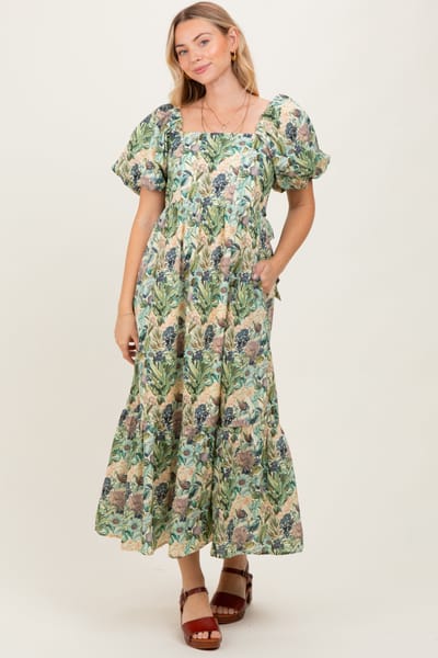Entro Multicolor Floral Puff Sleeve Bow Tie Detail Midi Dress