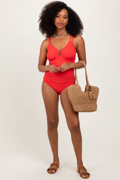 Charmo Red Ribbed Split Neckline Swimsuit