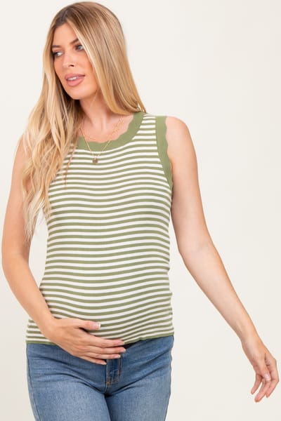 PinkBlush Olive Striped Knit Scallop Trim Sleeveless Maternity Top