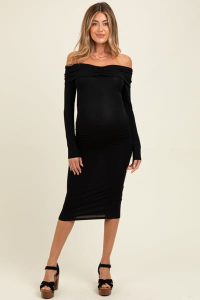 Hearts and Hips Black Ruched Off Shoulder Maternity Dress