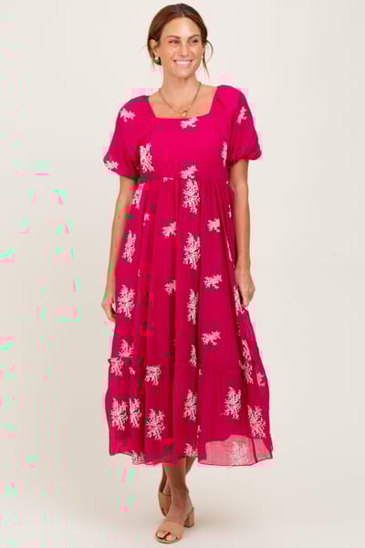 Polagram Magenta Floral Print Ruffle Hem Midi Dress
