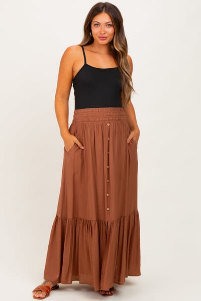 Final Touch Mocha Smocked Waist Button Accent Maternity Maxi Skirt