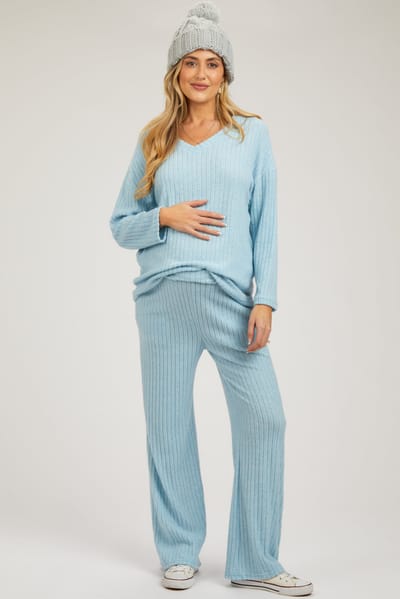 PinkBlush Light Blue Ribbed Soft Knit Long Sleeve Maternity Pajama Set