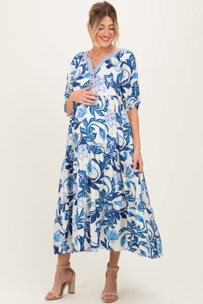 PinkBlush Navy Tropical Floral Tiered Maternity Midi Dress