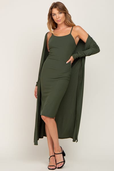 Rhea + Thea Olive Ribbed Cardigan 2 Piece Set