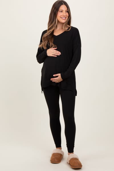 Zenana Outfitters Black Brushed Knit Maternity Oversized Top and Legging Set