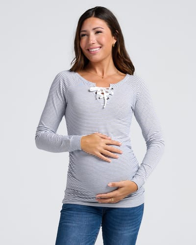Angel Maternity Long Sleeve Nursing Top - Navy & White Stripes