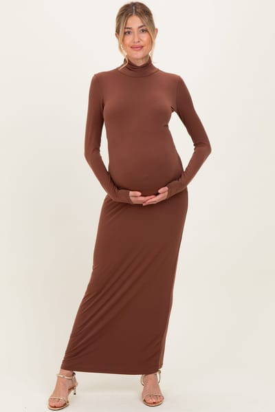 PinkBlush Camel Turtleneck Long Sleeve Maternity Maxi Dress