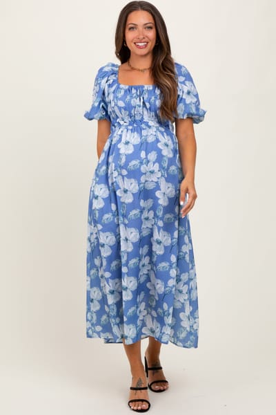 Polagram Blue Multi Printed Floral Square Neck Maternity Midi Dress
