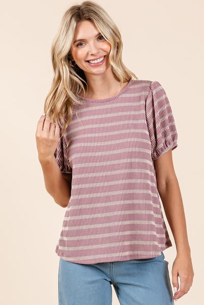 Mitto Pink Textured Knit Striped Puff Sleeve Top