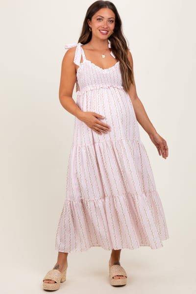 BaeVely Pink Floral Striped Smocked Shoulder Tie Maternity Maxi Dress