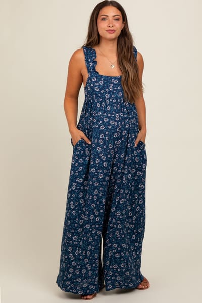 Elloh Navy Blue Back Cutout Wide Leg Maternity Jumpsuit