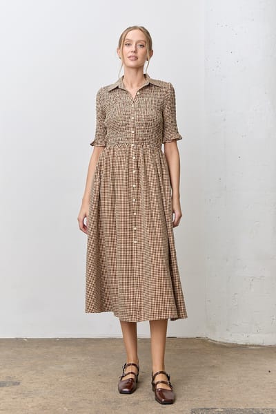 Polagram Mocha Gingham Smocked Button Down Midi Dress