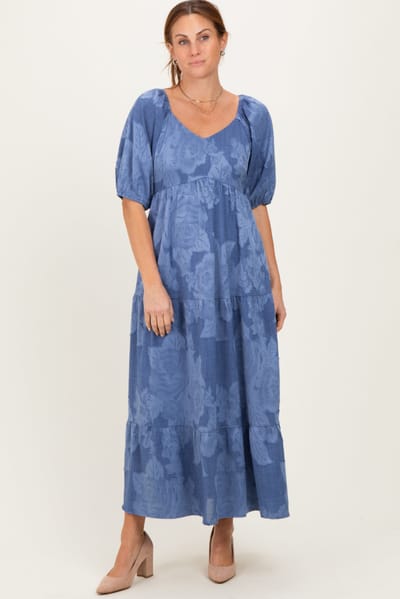 Polagram Blue Floral Textured Tiered Midi Dress