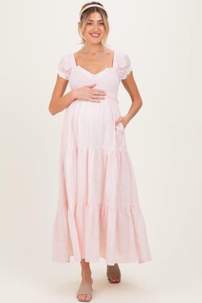 BaeVely Light Pink Floral Lace Trim Tiered Maternity Maxi Dress