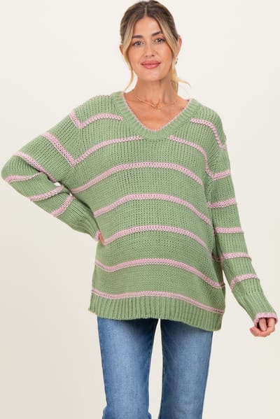 BiBi Light Olive Pink Striped Boxy Maternity Sweater