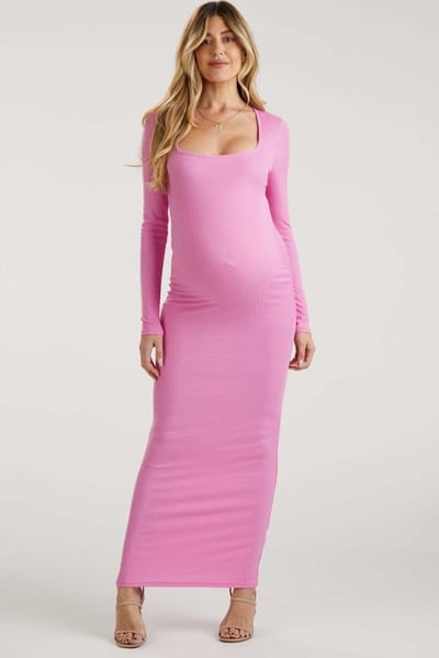 PinkBlush Pink Ribbed Long Sleeve Square Neck Maternity Maxi Dress
