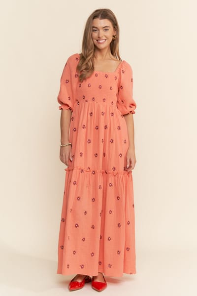 J.NNA Orange Floral Smocked Puff Sleeve Maxi Dress