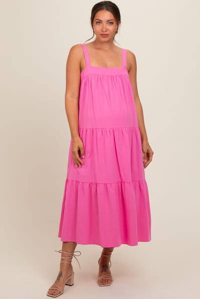 In February Pink Tiered Maternity Midi Dress