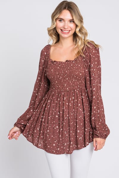 Hello Miz Brown Floral Smocked Long Sleeve Top