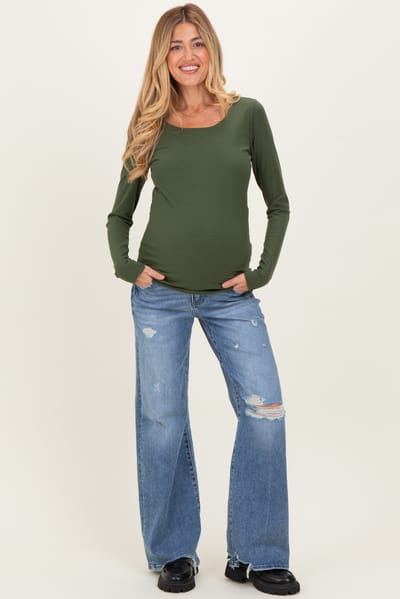 Risen Jeans Blue Distressed Open Knee Wide Leg Maternity Jeans