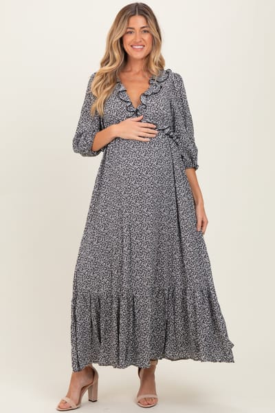 Rhea + Thea Black Ditzy Floral Long Sleeve Ruffle V-Neck Tiered Maternity Maxi Dress