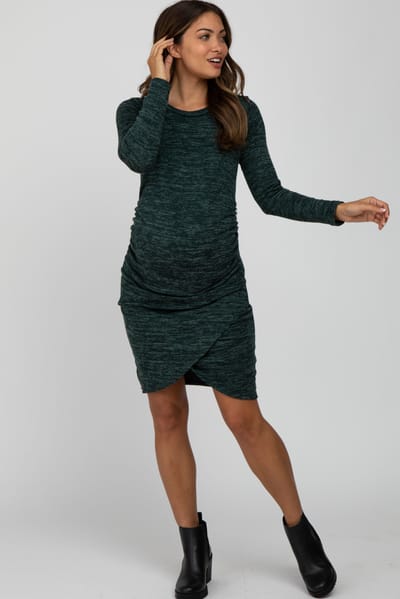 Hello Miz Green Heathered Ruched Tulip Hem Maternity Dress