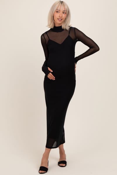 Sweet Generis Black Mesh Overlay Long Sleeve Maternity Maxi Dress