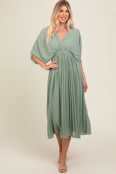 Dress Day Light Olive Pleated V Neck Maxi Dress