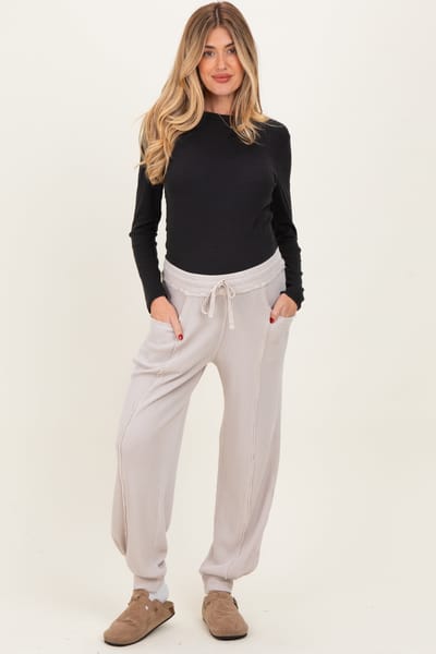 Rae Mode Beige Raw Seam Waffle Knit Maternity Joggers