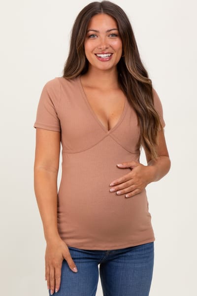 Rhea + Thea Mocha Solid Ribbed Short Sleeve V-Neck Basic Maternity Top
