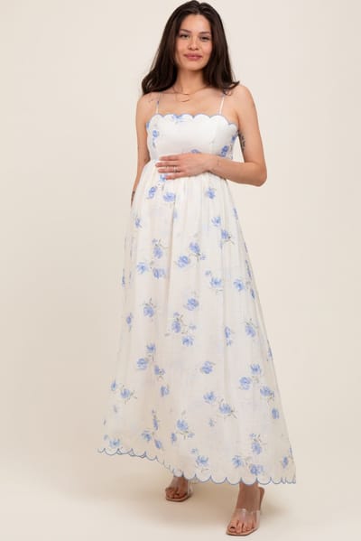 Mable Blue Floral Scallop Edge Back Cutout Maternity Maxi Dress