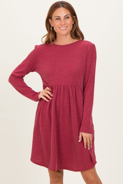 Heimish Dark Red Textured Rib Long Sleeve Dress
