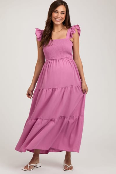 PinkBlush Mauve Sleeveless Smocked Tiered Maternity Maxi Dress