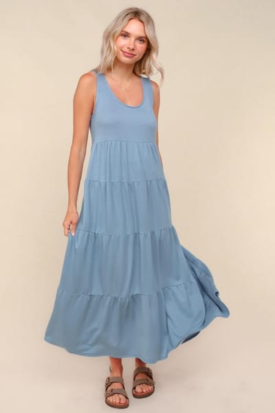 Haptics Light Blue Solid Tiered French Terry Maxi Dress