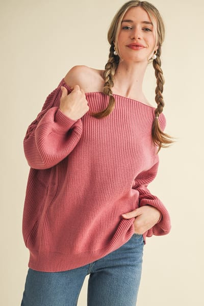 &merci Mauve Balloon Sleeve Boat Neck Knit Sweater