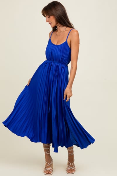Rosevelvet Royal Blue Pleated Sash Tie Midi Dress