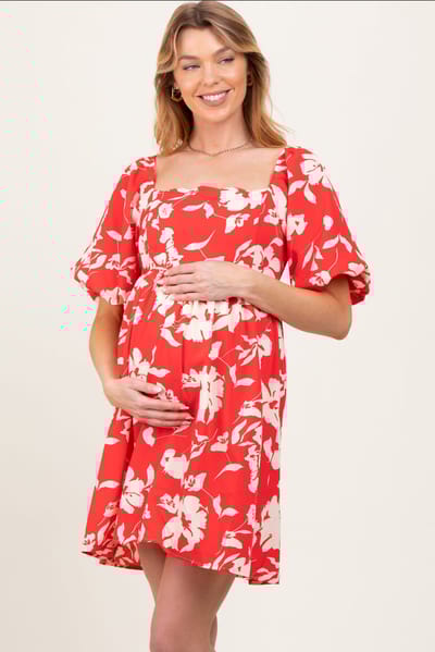 PinkBlush Red Floral Puff Sleeve Maternity Mini Dress