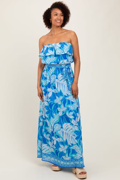 Flying Tomato Blue Floral Chiffon Flounce Strapless Maxi Dress
