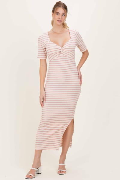 Rhea + Thea Cream/ Pink Striped Knit Short Sleeve Maxi Dress
