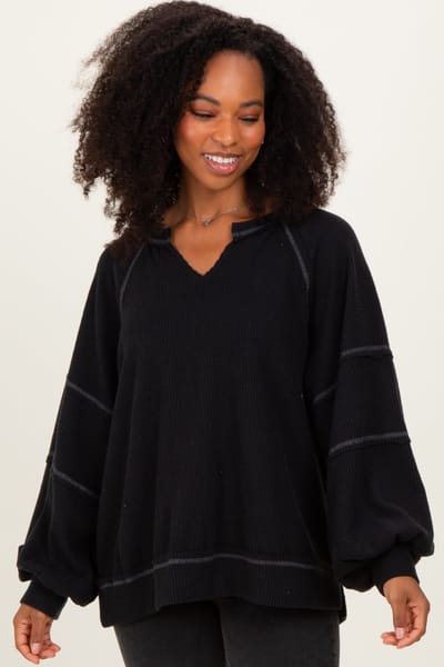 Rhea + Thea Black Solid Rib Long Sleeve V-Neck Oversized Tunic Top