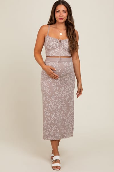 Le Lis Light Taupe Floral Knit Crop Top and Midi Skirt Maternity Set