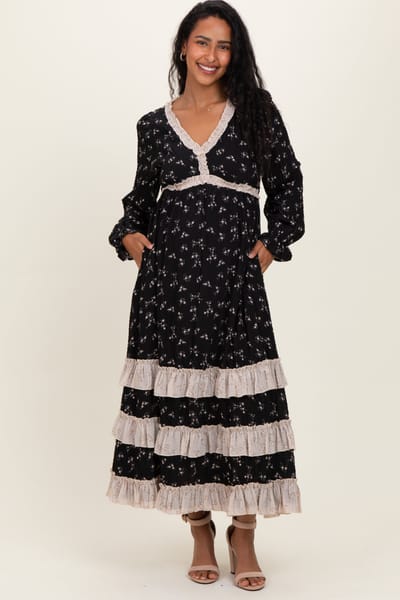 In February Black Floral Eyelet Lace Tiered Hem Maternity Maxi Dress